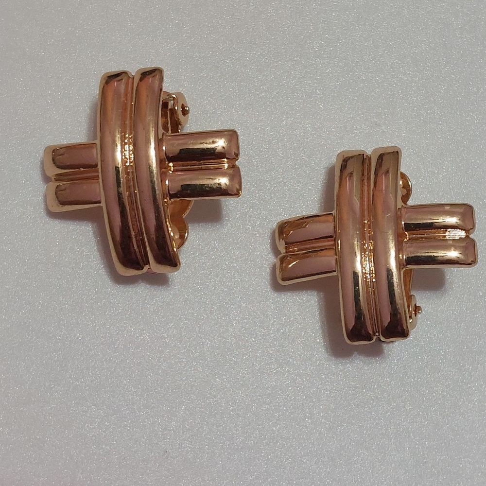Plus Sign Design Gold Tone Clip On Earrings Modern Vintage Statement